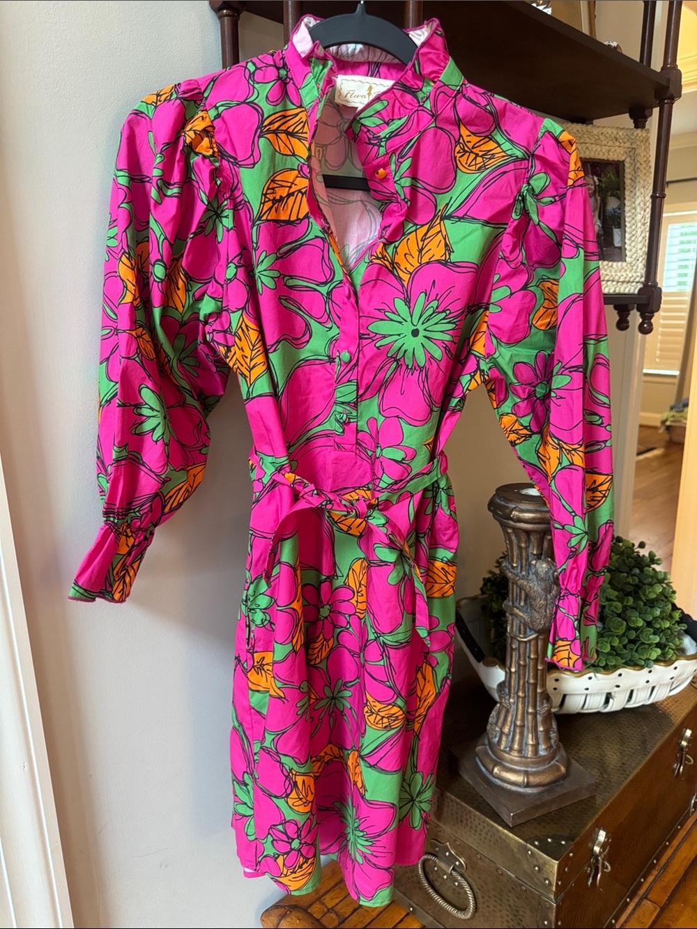 Flora Bea NYC built in cinched waist line floral pink and green and orange - Picture 4 of 4